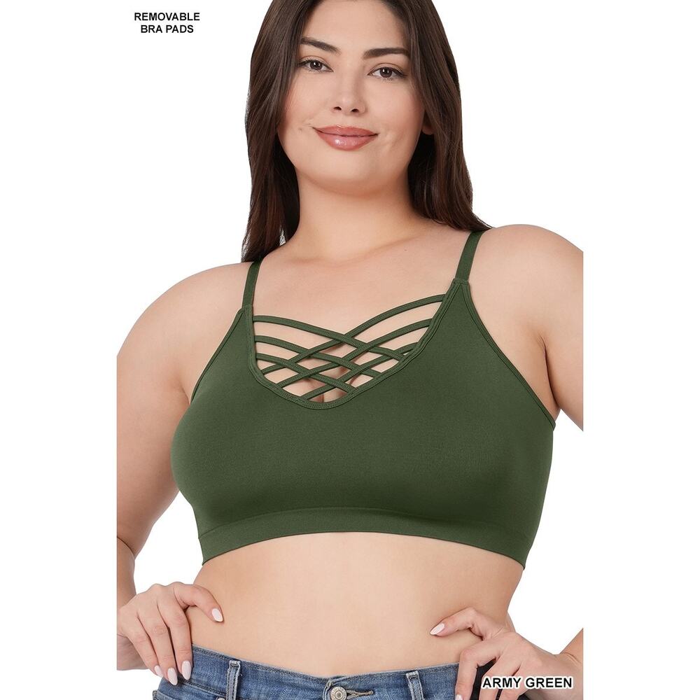 1X/2X Army Green Front V Lattice Bralette + bra padding adjustable straps Zenana